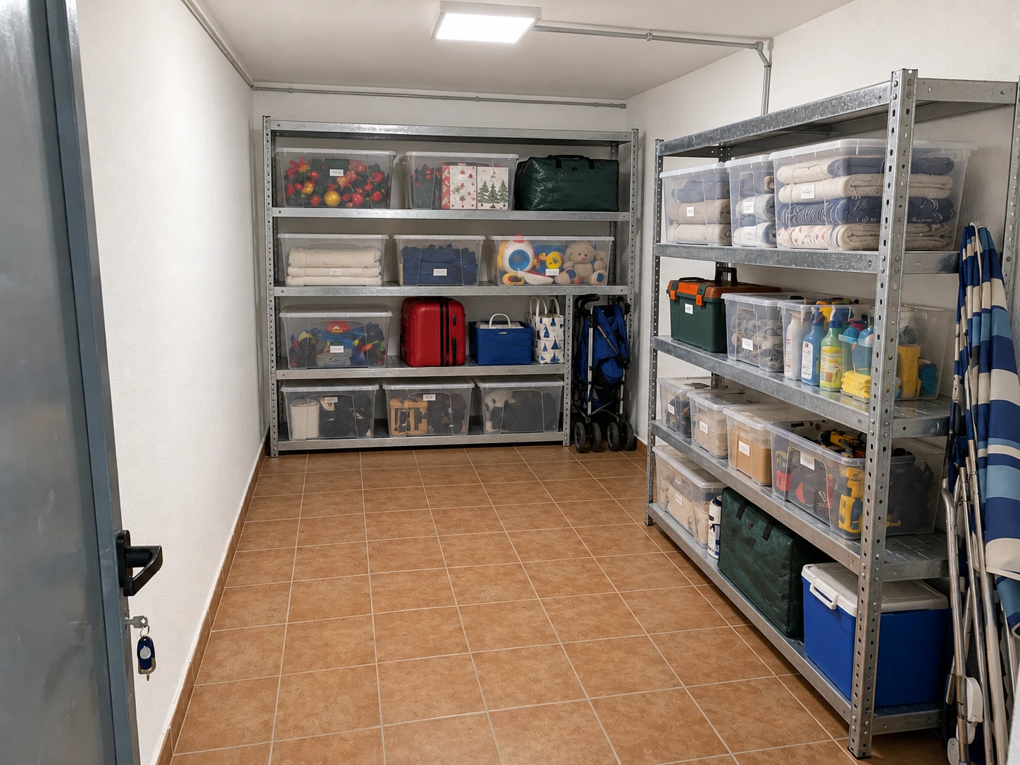 Bright trastero with shelving and labelled storage boxes